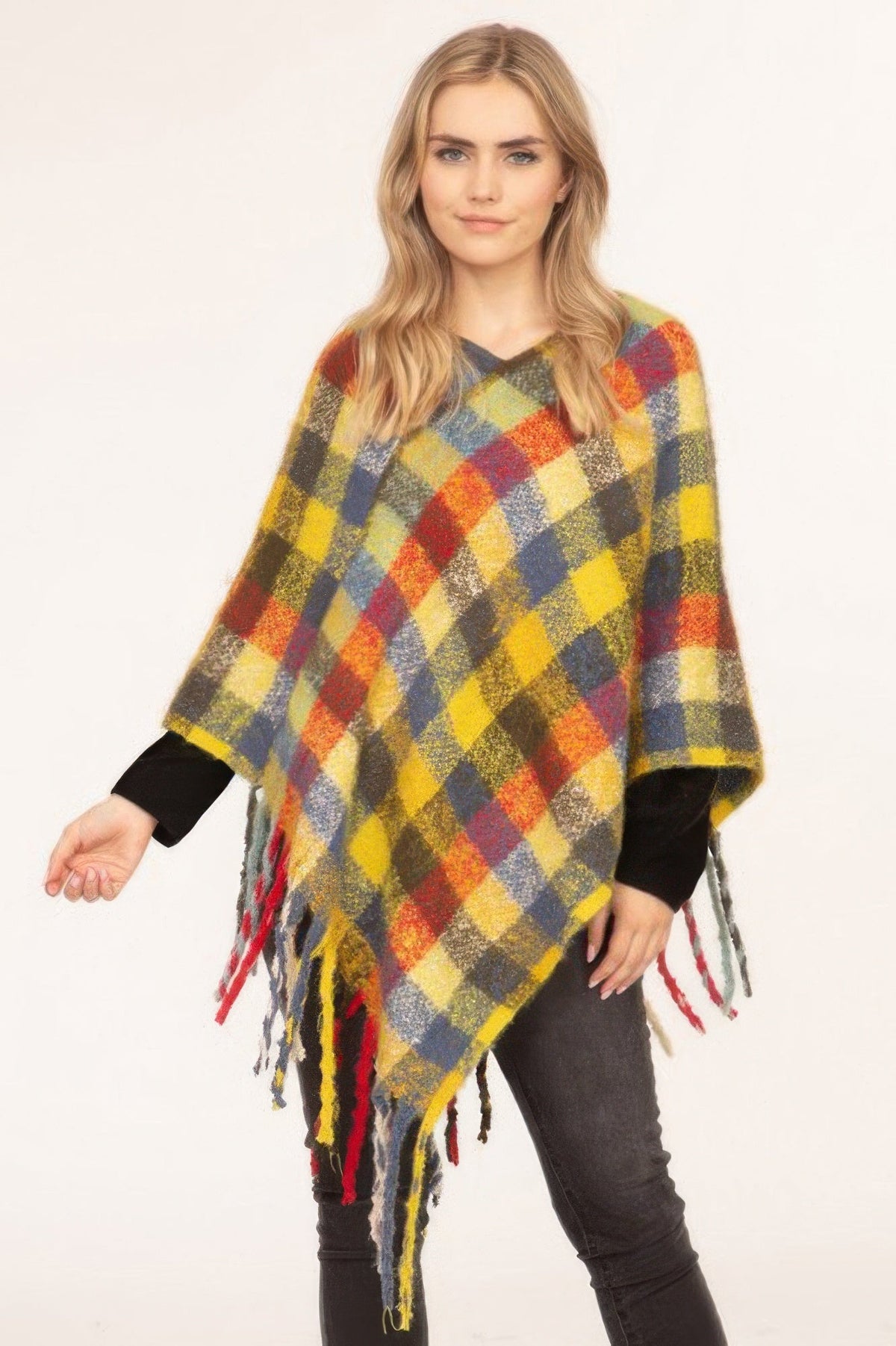 Color Block Plaid Poncho