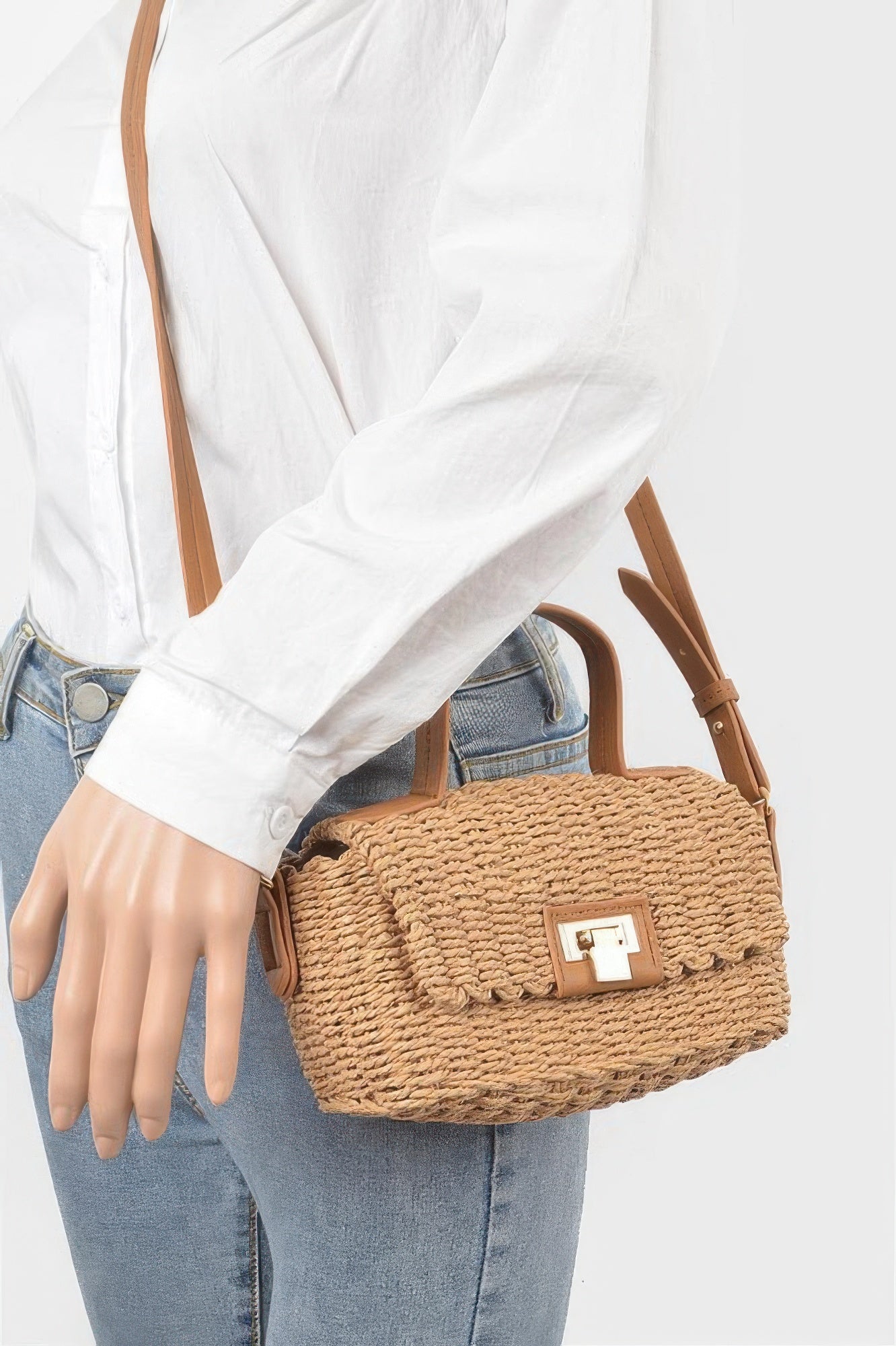 Faux Straw Top Handle Bag