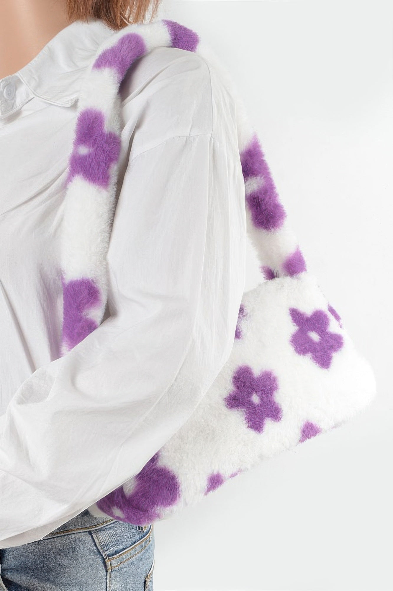Faux Wool Flower Print Shoulder Bag
