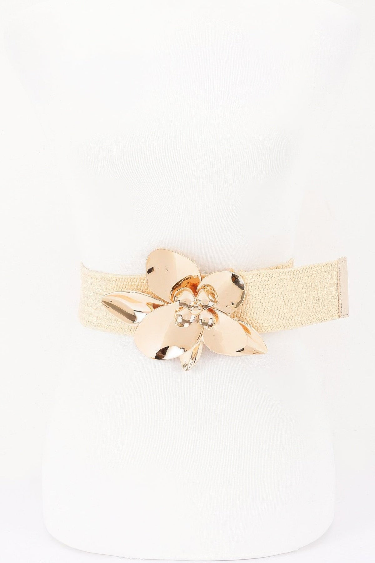 Faux Straw Big Flower Metal Buckle Elastic Belt