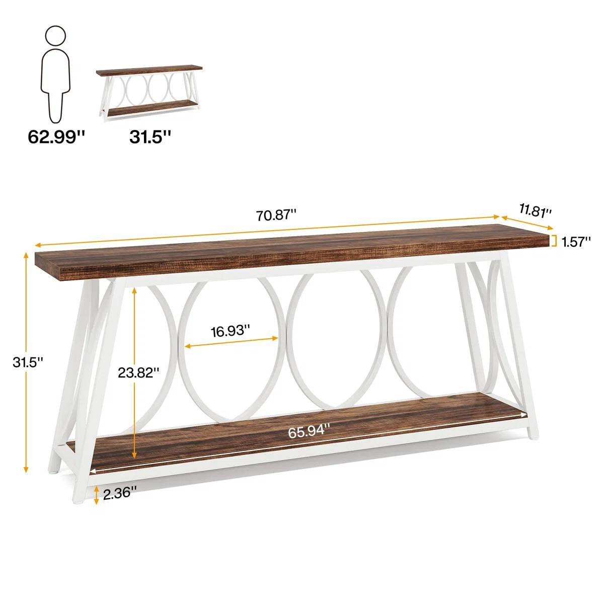 Mesa de sofá industrial de 70 pulgadas con tapa de madera marrón y estructura de metal blanco de alta resistencia