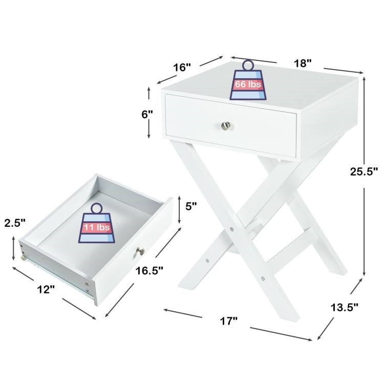 Mesa de noche/auxiliar en forma de X con 1 cajón y espacio de almacenamiento en color blanco