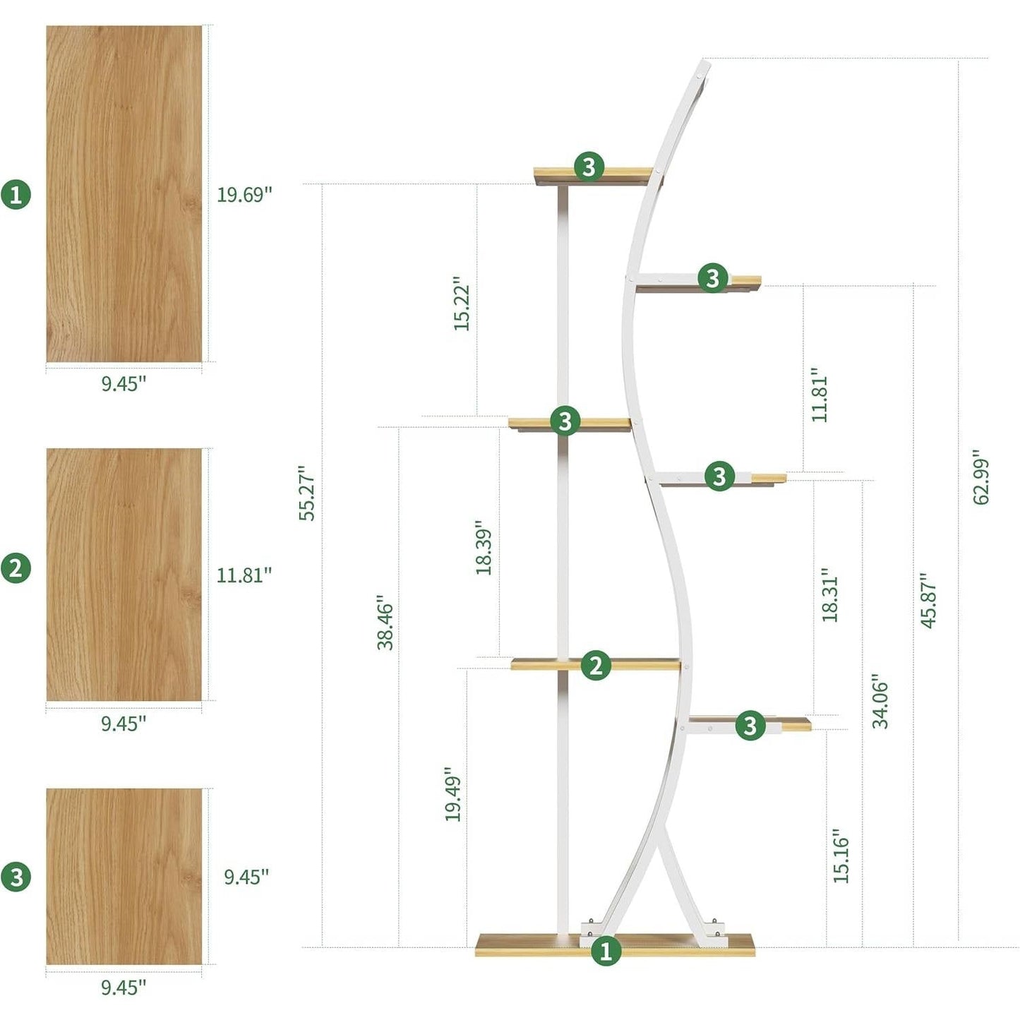 Soporte para plantas de interior de 63 pulgadas de alto con estructura de metal blanco y estantes con acabado de madera