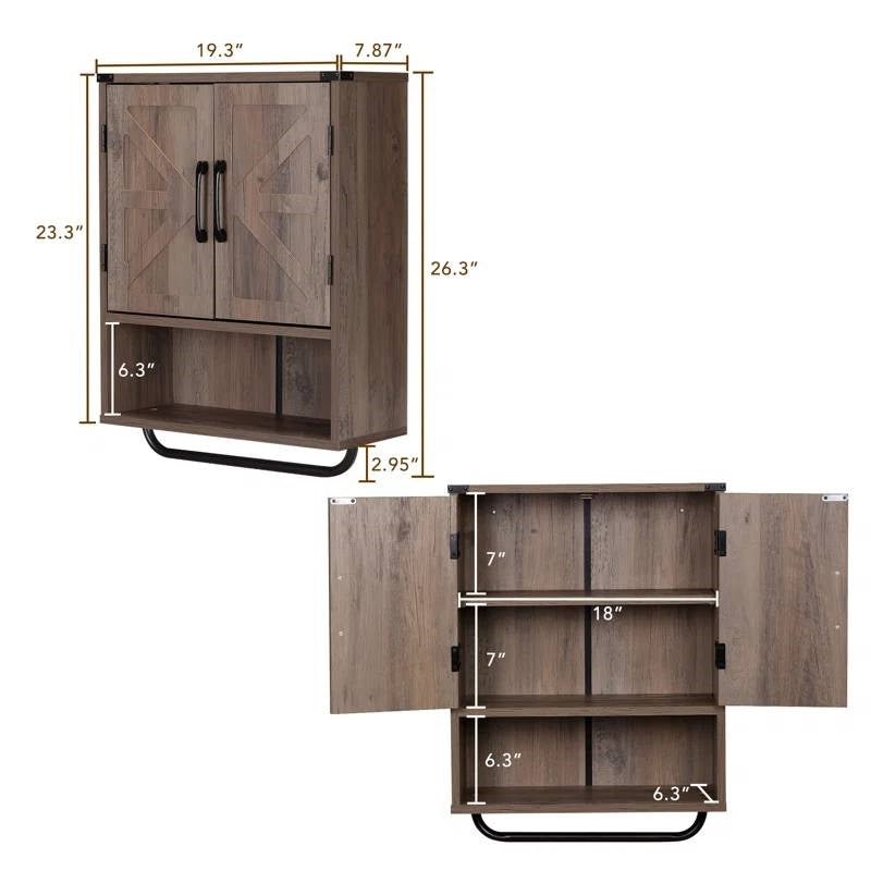Gabinete de baño rústico de pared con toallero en acabado de madera marrón gris taupe