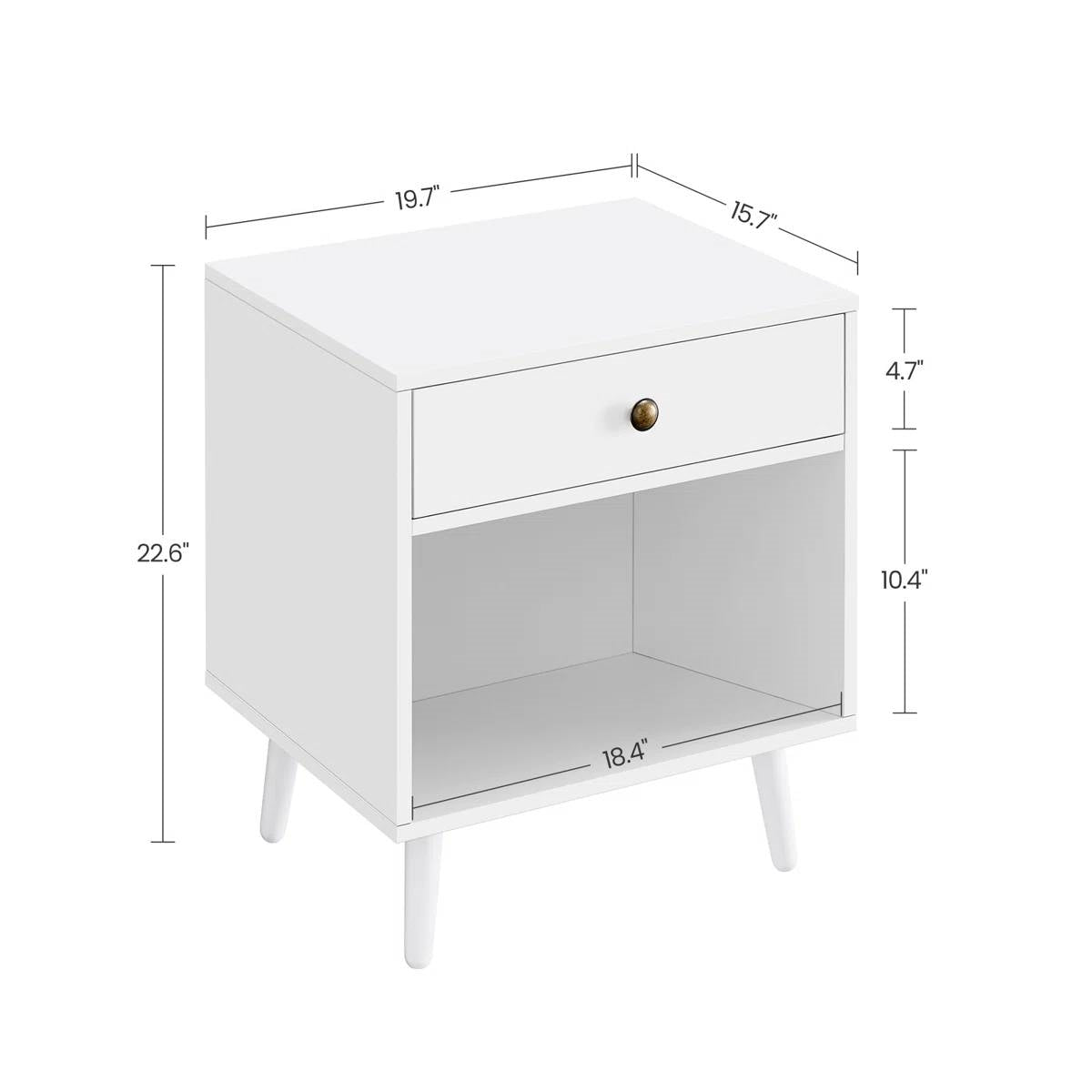 Mesa auxiliar de noche con 1 cajón de estilo moderno de mediados de siglo en acabado de madera blanca