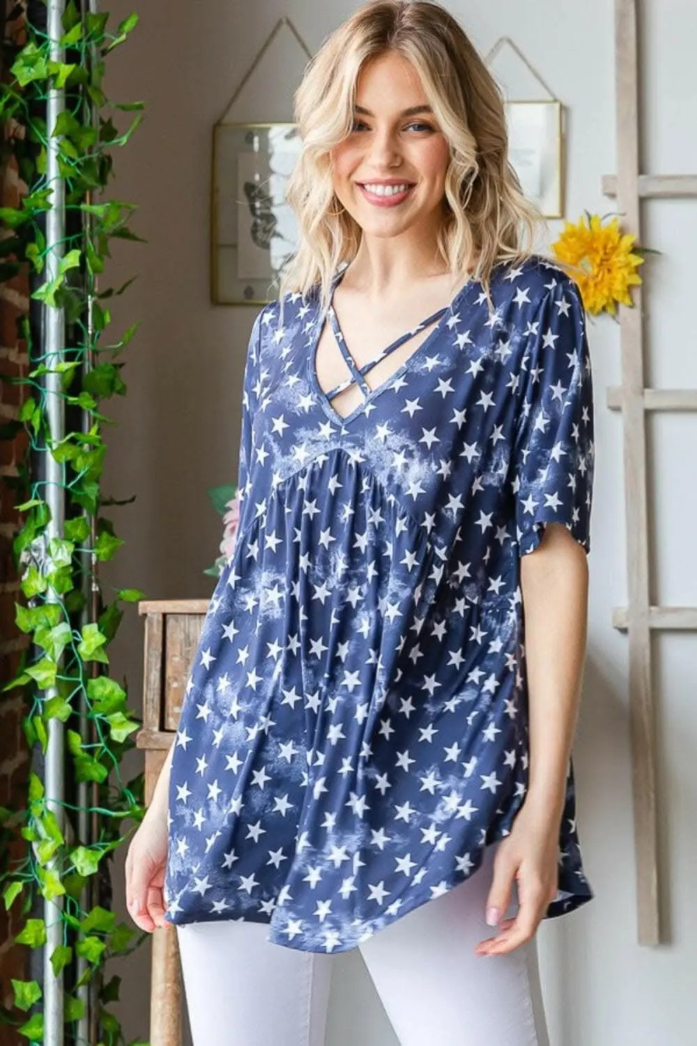 T-Shirts Trendsi Shorts - Whimsical star print babydoll top