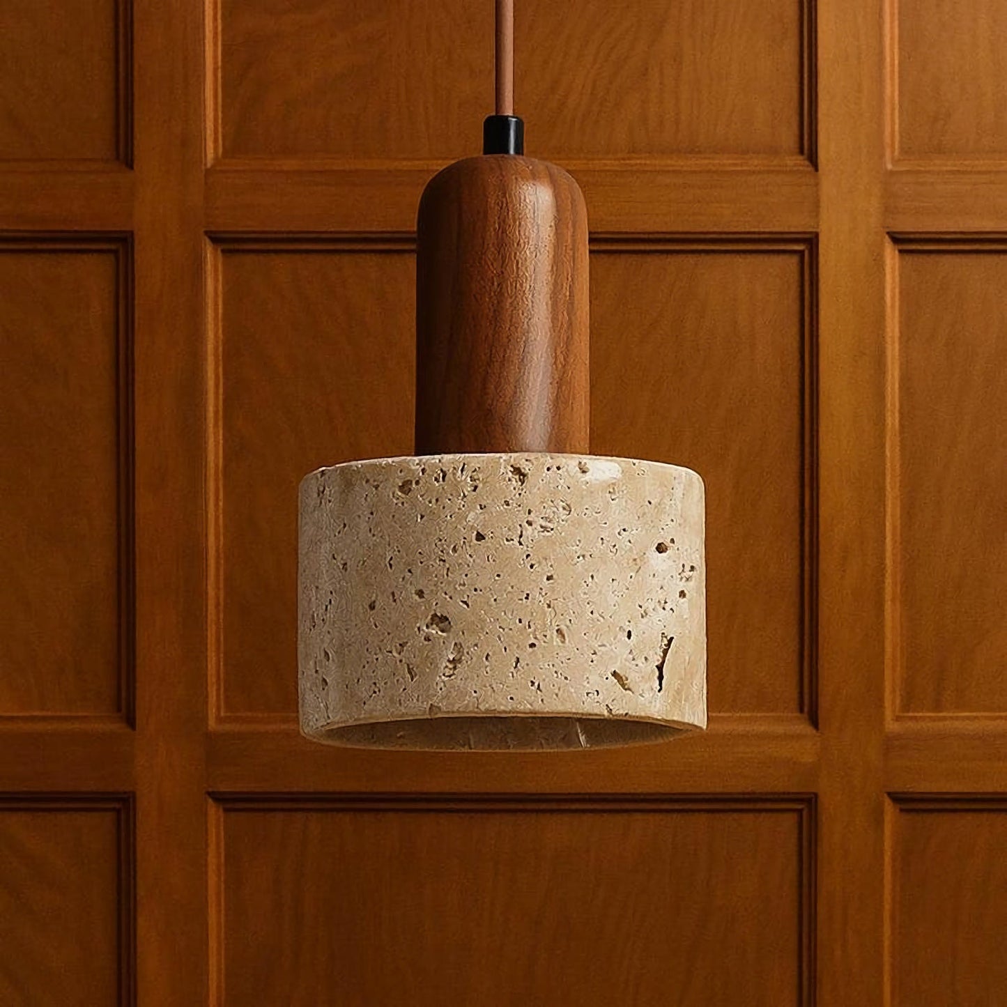 Lámpara Colgante Redonda Vintage de Madera y Travertino