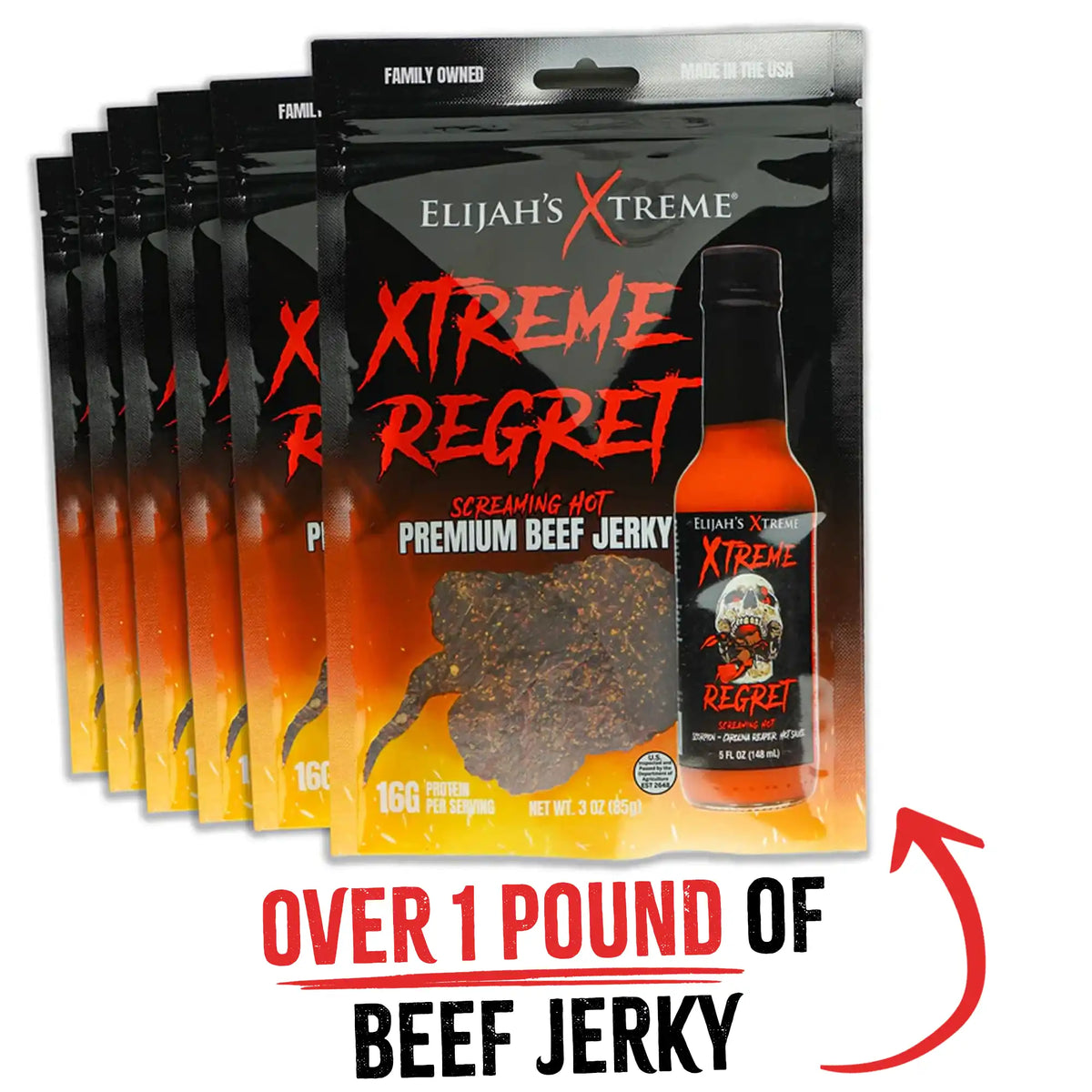 Cecina de res picante Xtreme Regret - 6 bolsas (1 libra)