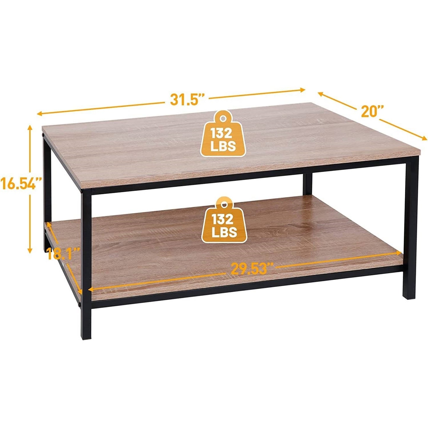 Mesa de centro moderna de 2 niveles de metal y madera con acabado en madera natural