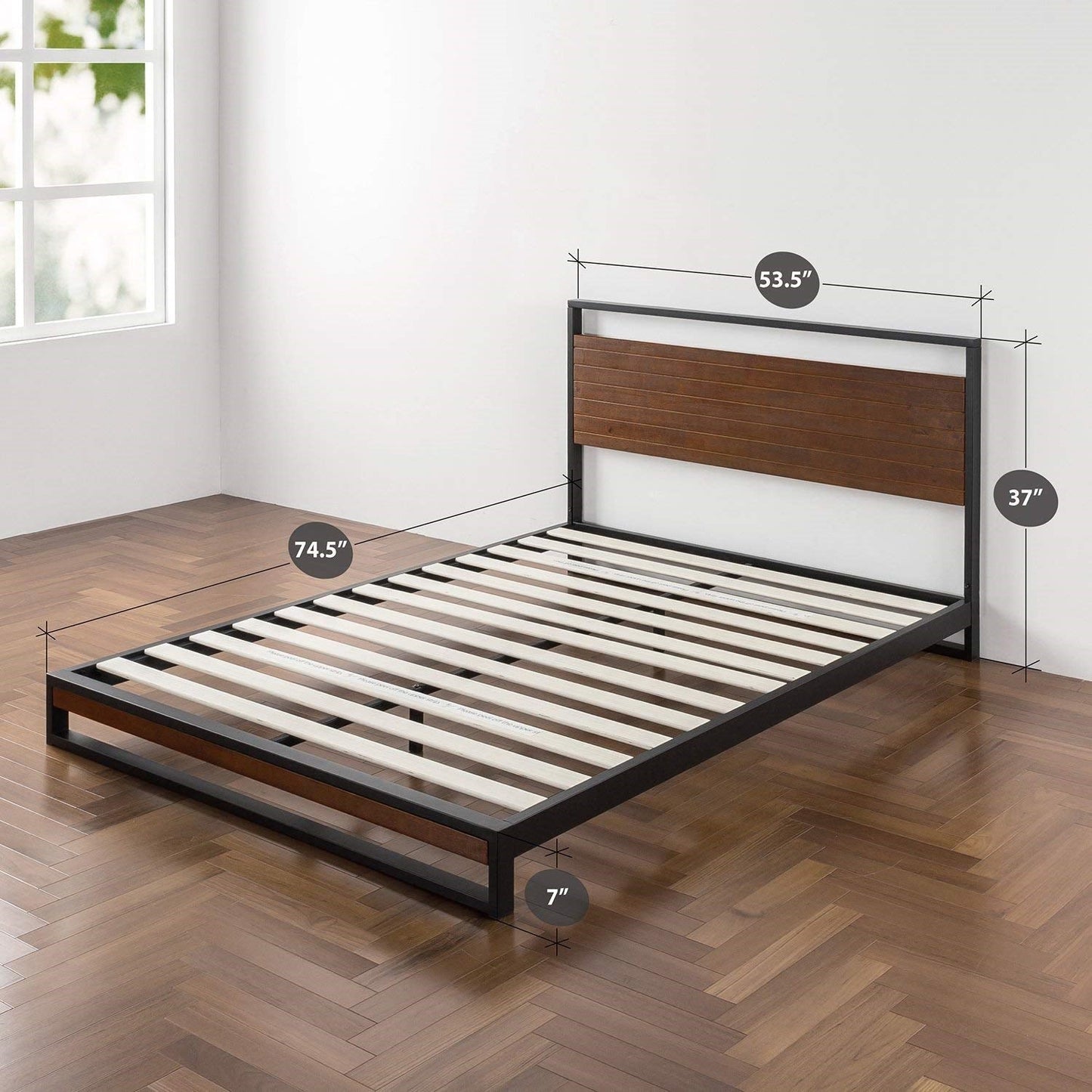 Base de cama de plataforma de metal y madera tamaño matrimonial con cabecera