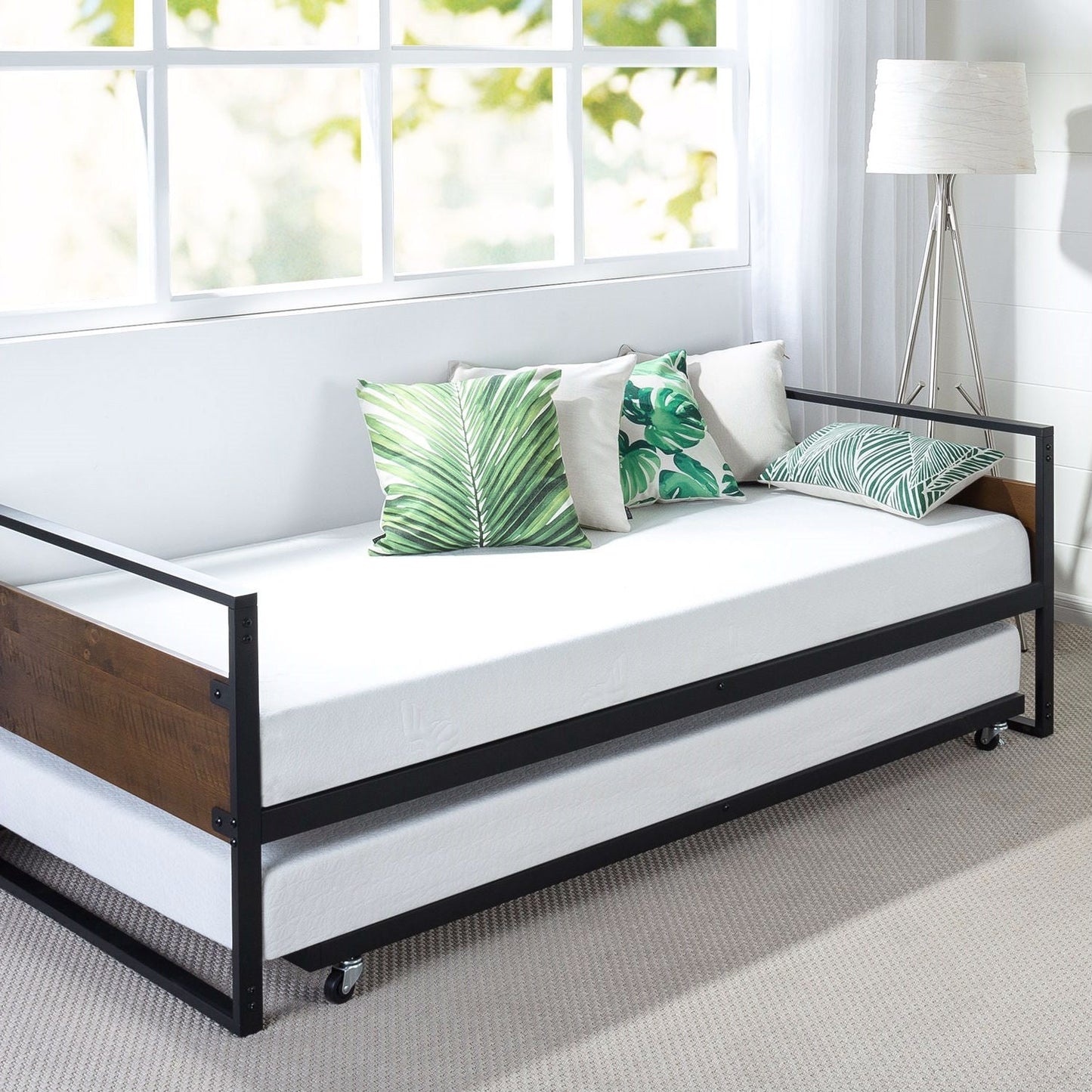 Marco de cama nido de metal y madera tamaño individual con cama auxiliar extraíble