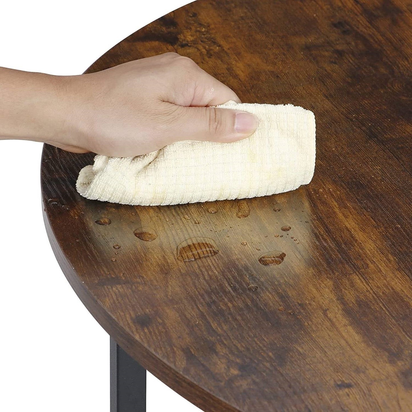 Mesa de centro industrial redonda moderna con superficie de madera rústica marrón