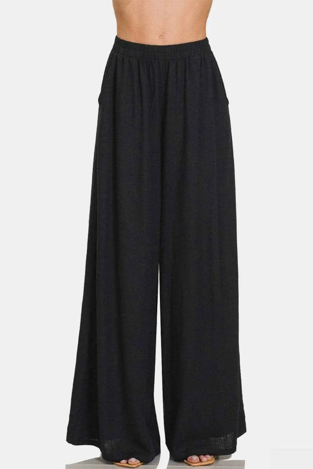 Trendsi Pantalones de lino de pierna ancha Zenana - Prendas de vestir exteriores elegantes