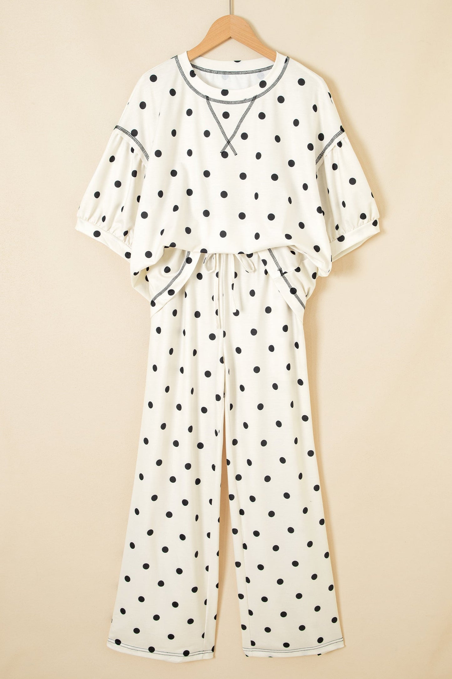 Black Polka Dot Half Sleeve Loose Top Elastic Waist Casual Pants Set
