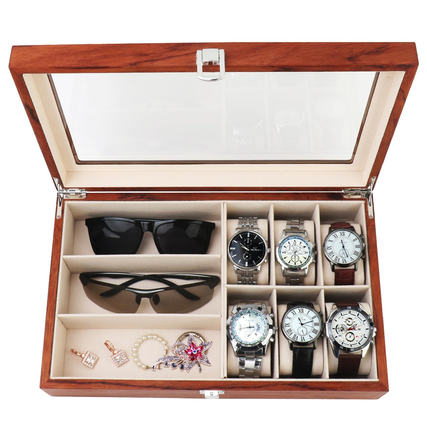 RICOJYCX 9-Slot Watch Box Watch Case with Glass lid with Removable Watch Pillows Storage for Watch Neckles Glasses Bracelet Gift Idea Ring
