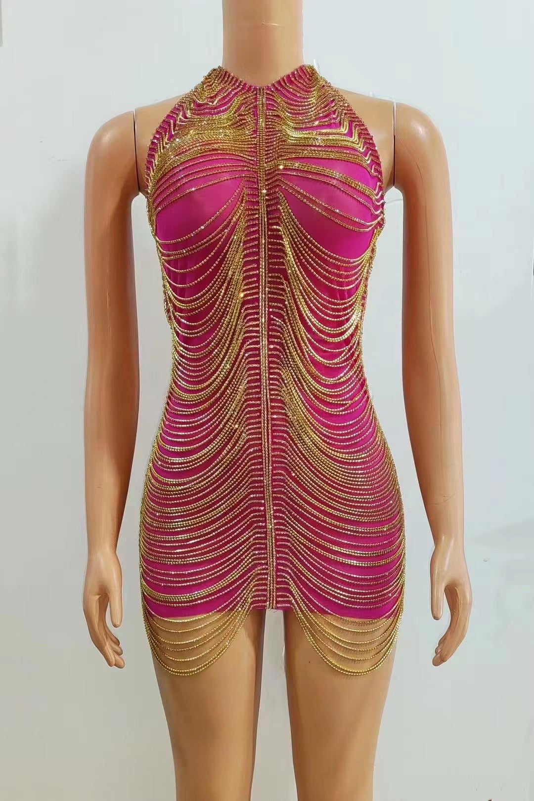 Women's Nightclub Model Dance Party Chain Shiny Hip Bag Backless Skirt See size chart under “more details”