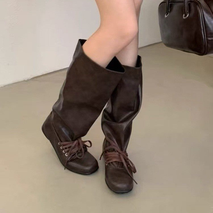 Women Retro Slouch Stack Style Knee High Boots, Soft Wrinkle Leather Round Toe Flat Heel Front Lace Up Casual Street Wear Long Booties