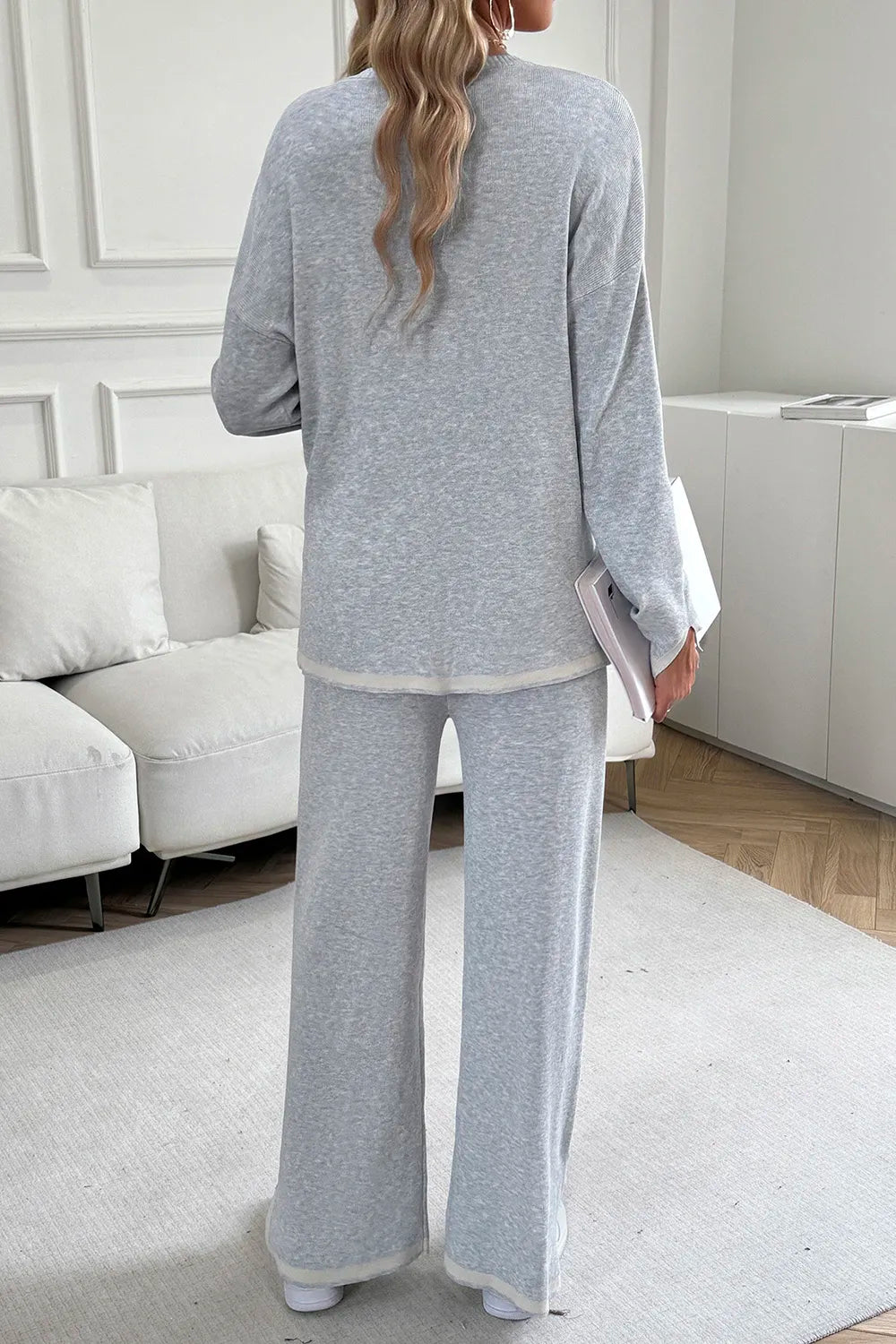 Conjunto de blusa con cuello redondo y pantalón Devine Contrast Trim