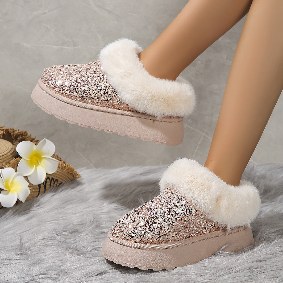Sequined Plush-Lined Indoor-Outdoor Slippers