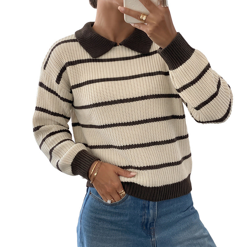 Womens Knitted Top Long-Sleeve Striped Sweater