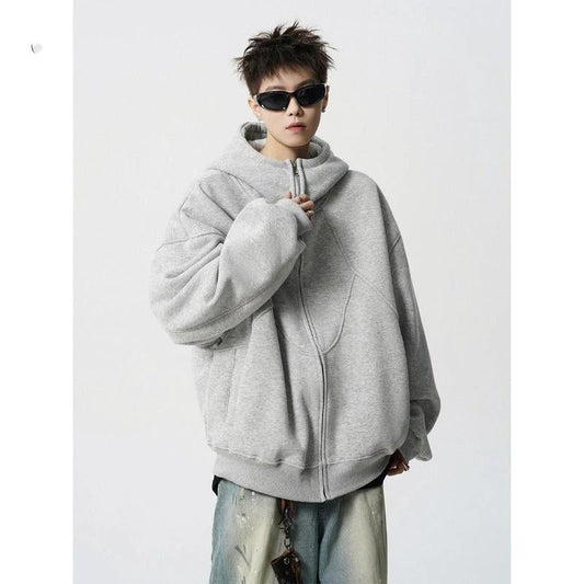 Men's Loose Design Stitching Zip-up Hooded Sweater