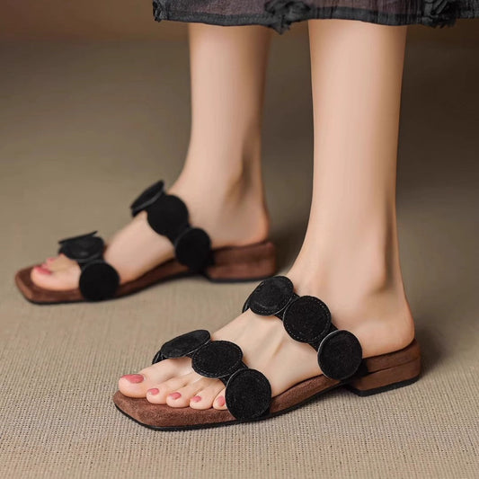 Women's Square Toe Sheepskin Slip-On Slippers – Korean Style Flat Mules