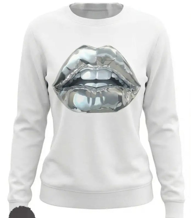 Sudadera para mujer con estampado de labios plateados de dibujos animados. Ver tabla de tallas en "más detalles".