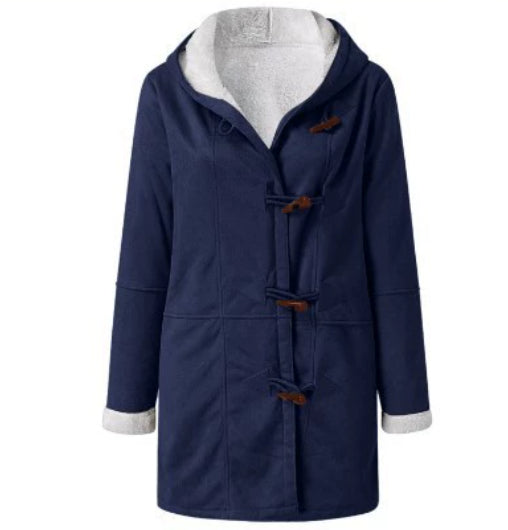 Winter Vintage Button Jackets Women's Warm Fleece Hooded Coat Casual Mid-Length Trench Top Outwear Clothing