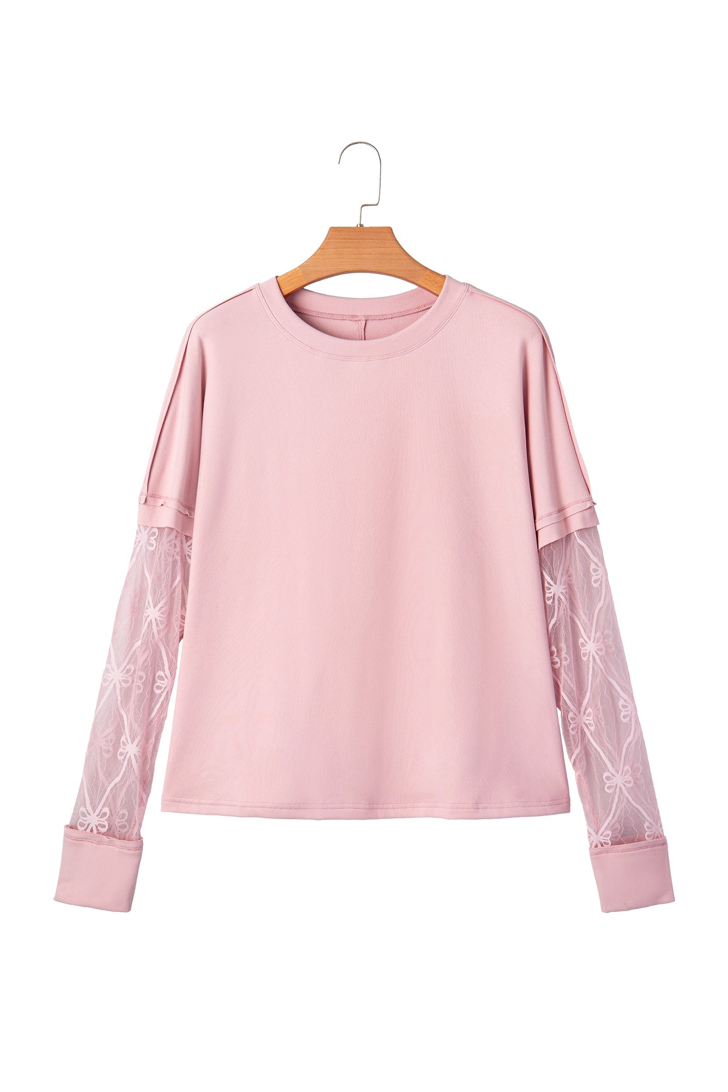 Camiseta de manga larga con retazos texturizados y lazo, color rosa claro liso
