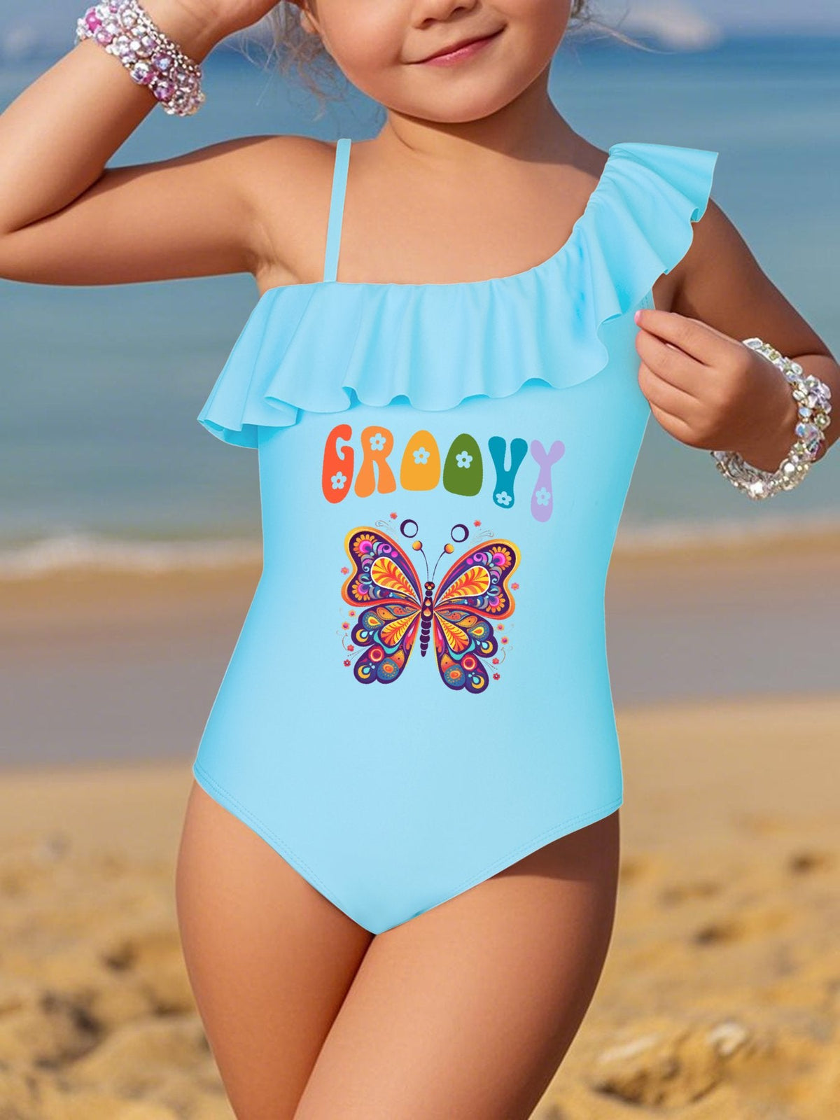 Groovy Butterfly Girls' Ruffled One-Piece Swimsuit (Front Printing)