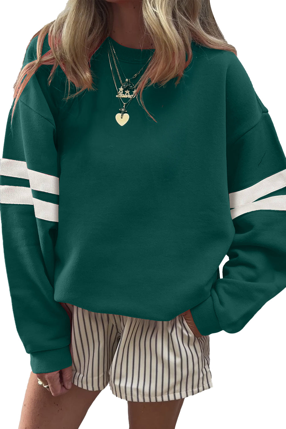 Fiery Red Preppy Striped Sleeve Loose Sweatshirt