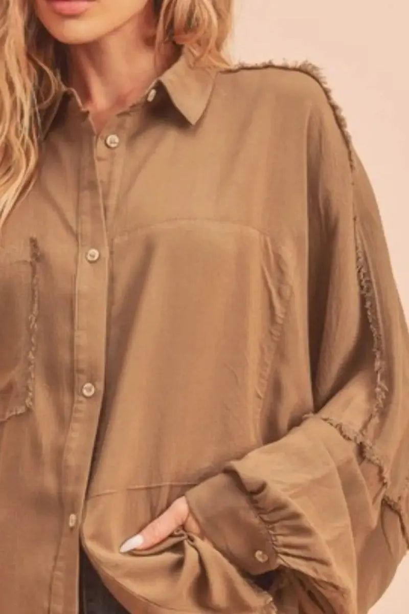 Shirts Trendsi Aemi + Co Raw Edge Collared Shirt Camel Medium