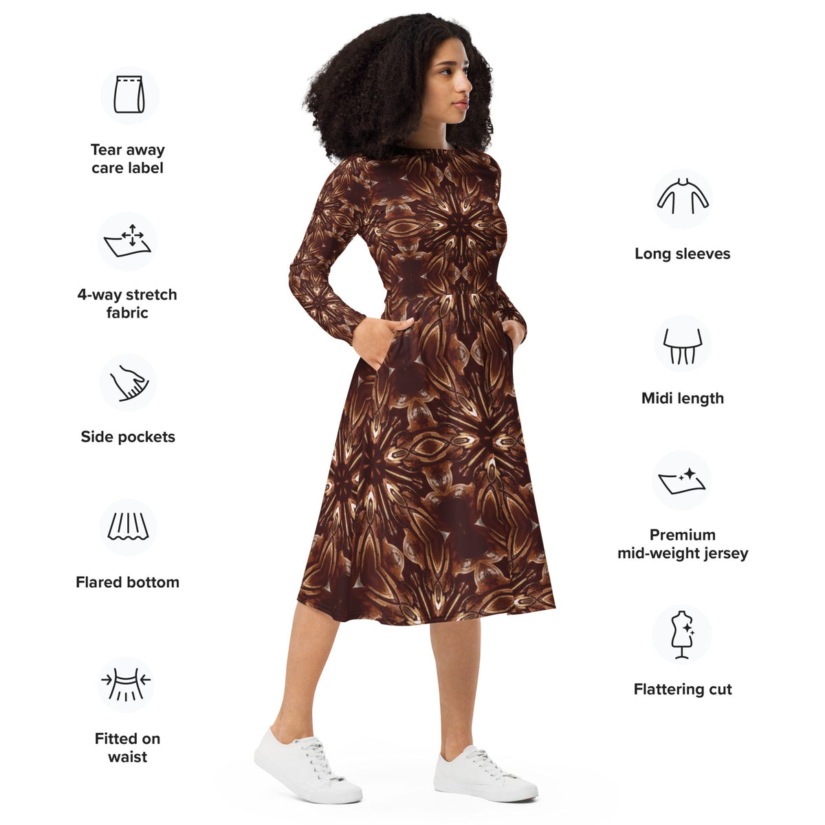 Steamy Brown Steampunk Printed Long Sleeve Midi Dress