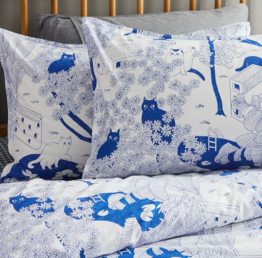 Pattern: Cat, Style: Set A-1.5M, Size: - 100 Cotton Soft Bed Sheets And Duvet Covers Original New Chinese-style Blue Print