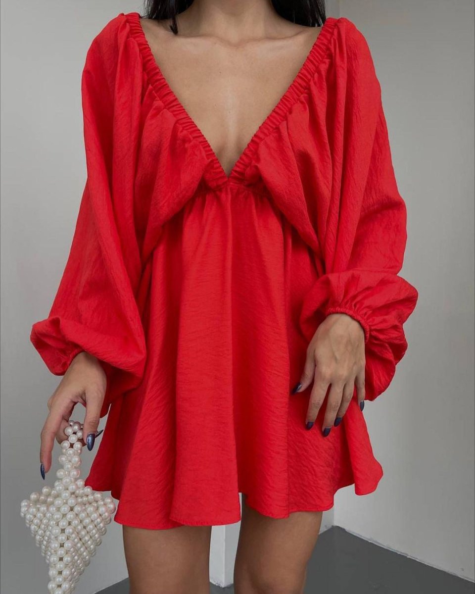 Fashionable V-neck Lantern Sleeve Dress for Women
