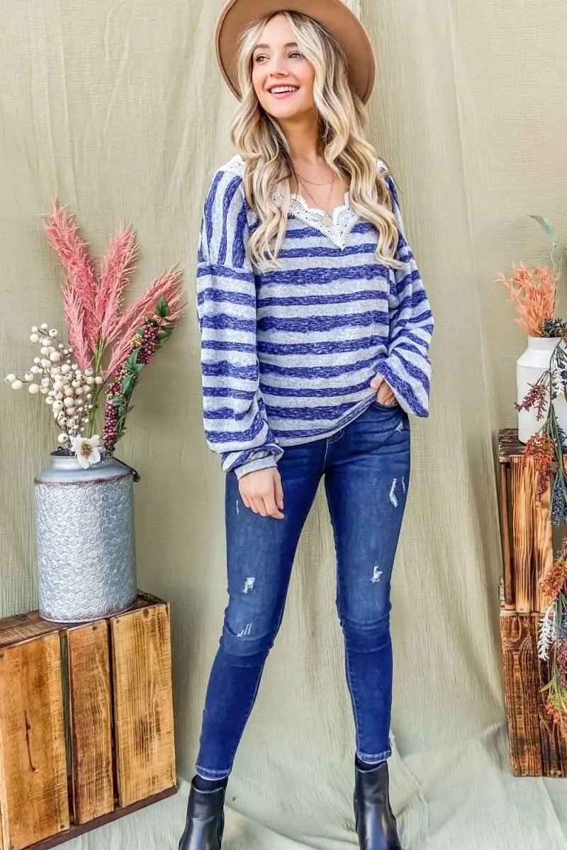 Accessories And The Why Striped Lace Detail V Neck Top by Lovesalve WS