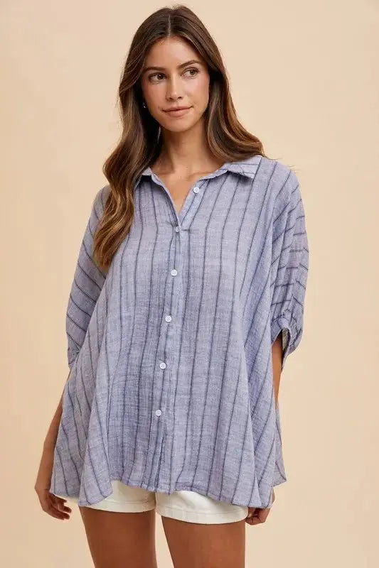 Shirts Trendsi Annie Wear Striped Button Up Half Sleeve Shirt for