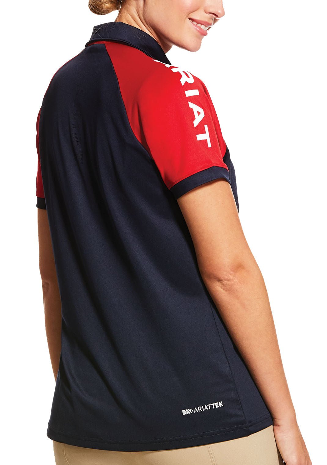 Polo de manga corta Ariat Team 3.0 para mujer, azul marino/rojo