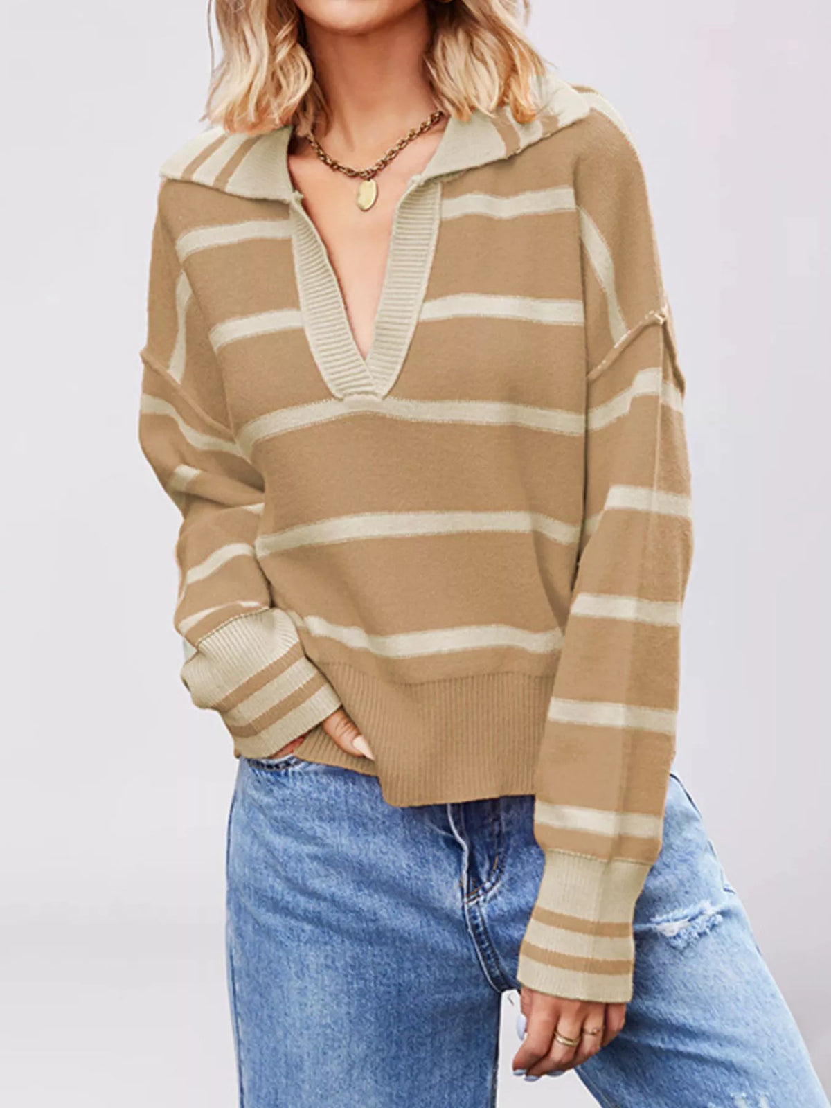 Striped Johnny Collar Dropped Shoulder Sweater