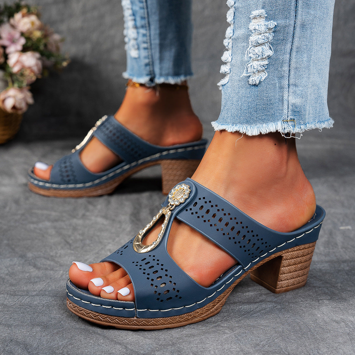 Rhinestone Detail Cutout Block Heel Sandals