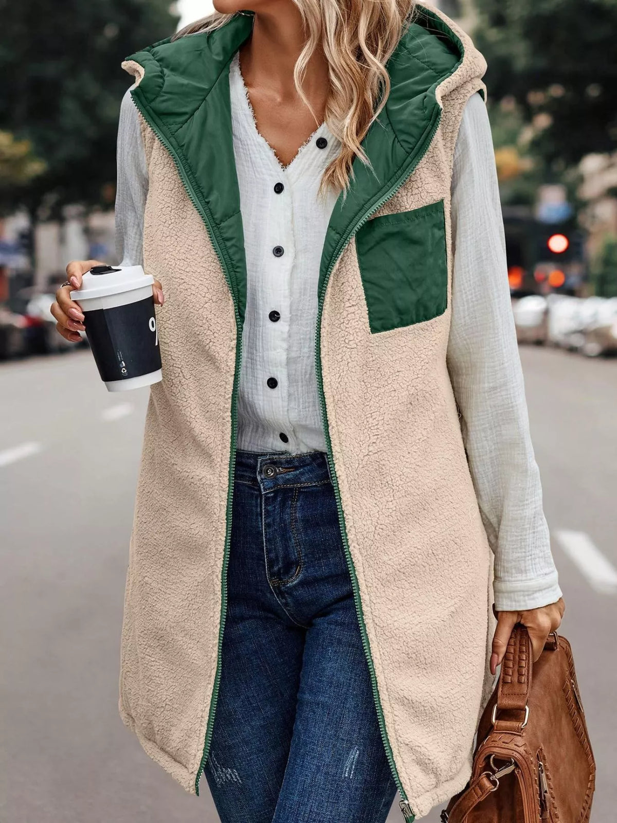 Full Size Hooded Sherpa-Lined Puffer Vest Coat Plus Size