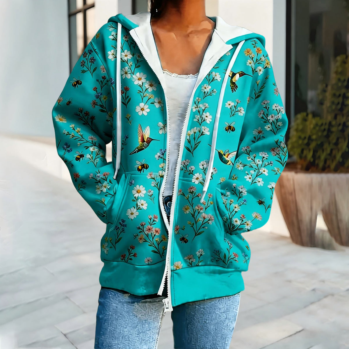 Cross Border European And American Style Women's Hooded Cardigan Casual Sweatshirt With Small Floral Digital Print And Zipper, Foreign Trade Supply For Autumn And Winter
