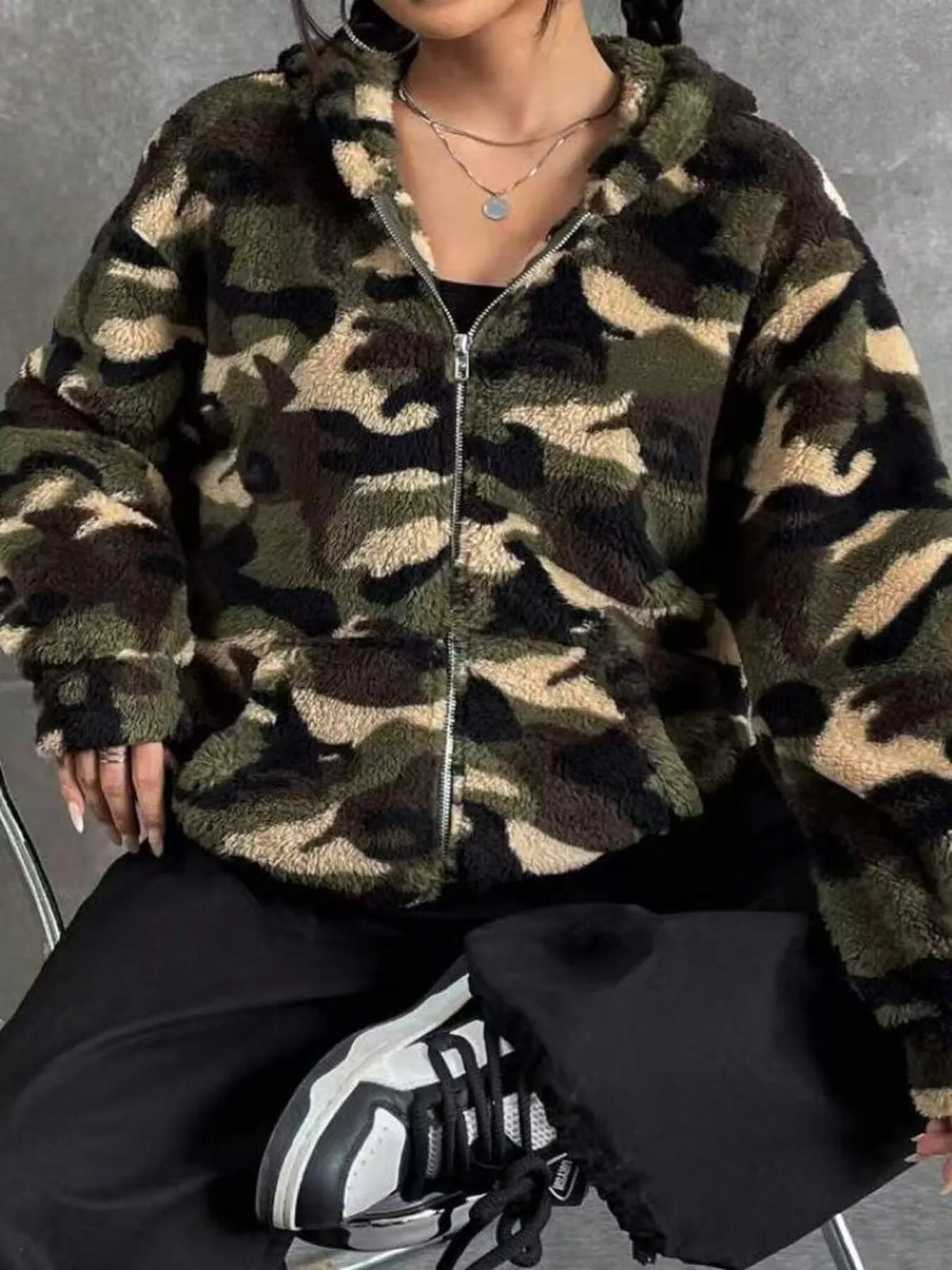 Camo Print Fuzzy Zip Up Outerwear