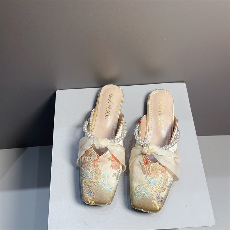 Women's Embroidered Square-toe Flat Dress Shoes