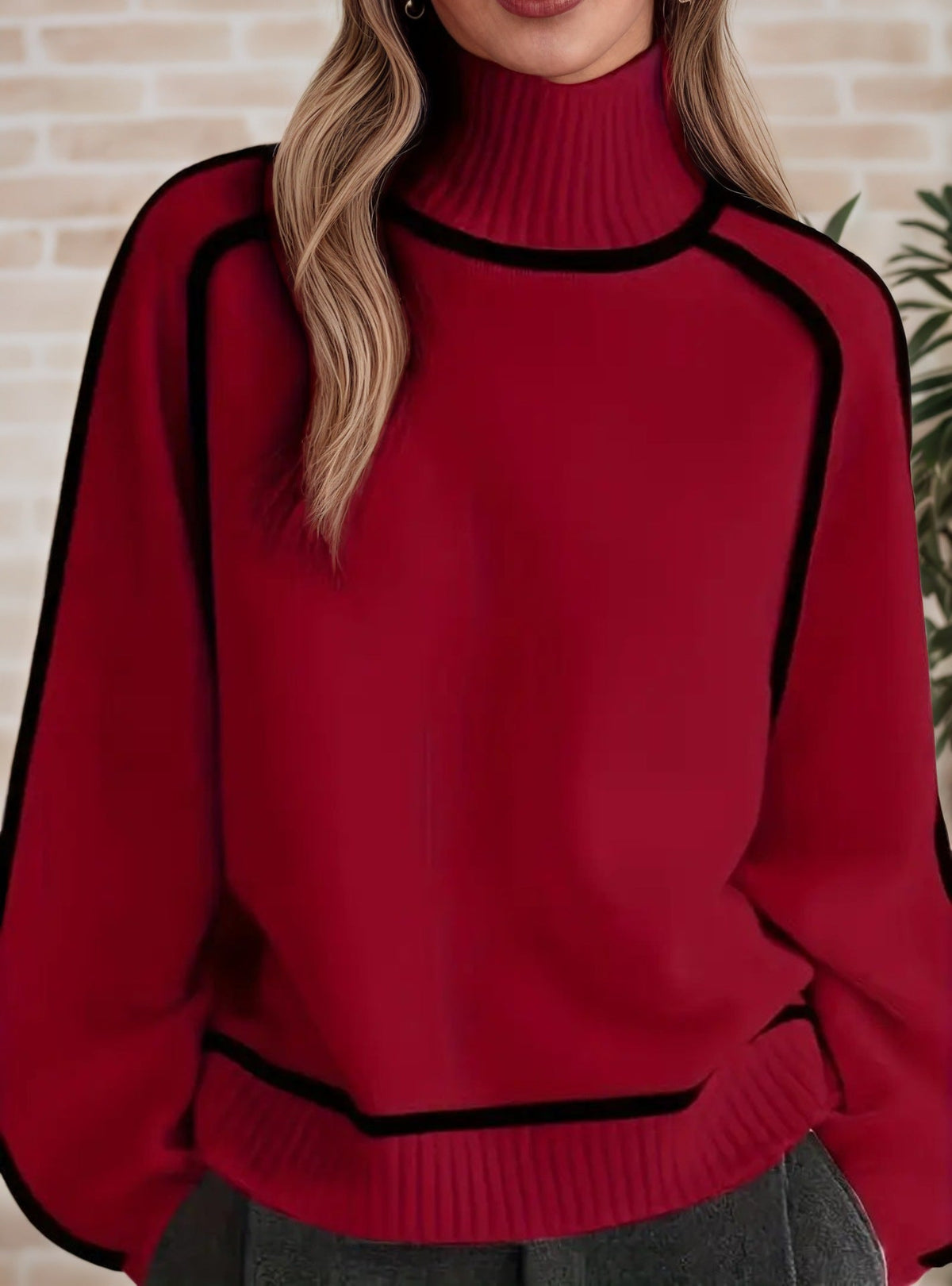 Women's Turtleneck Contrast Trim Sweater, 2026 Fall Winter Loose Long Sleeve Pullover, Casual Lazy Style Knit Top