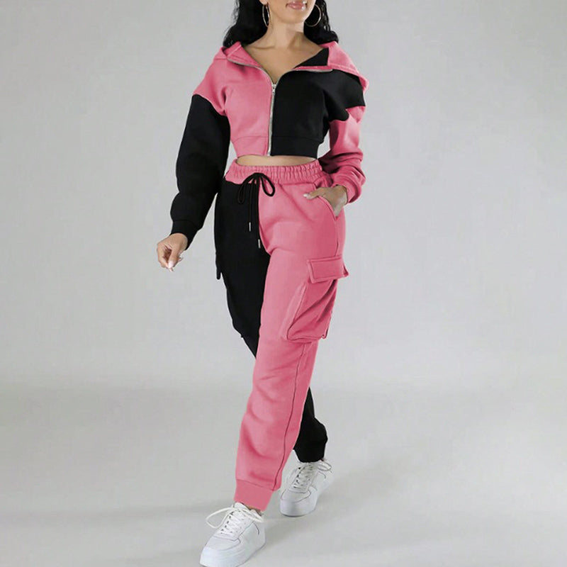 Women's Color Block 2 Piece Set, Full Zip Up Cropped Hoodie Jacket & Drawstring Cargo Pants, Casual Streetwear Outfit See size chart under “more details”