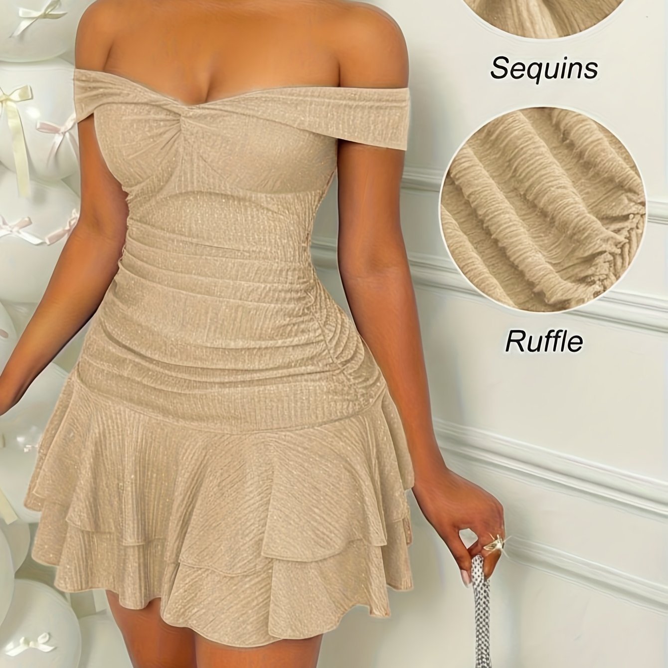 Vestido de lentejuelas con volantes y hombros descubiertos para mujer