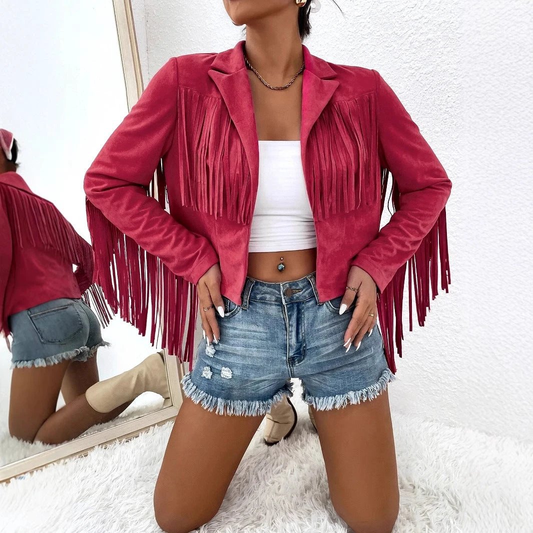 Spring And Autumn Women's V-neck Long Sleeve Fringe Jacket Solid Color Loose Short Coat