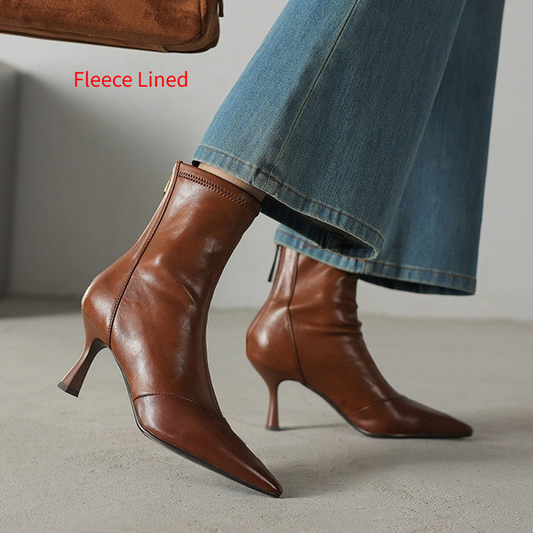 Botines de mujer de piel de vaca con puntera y tacón de aguja – Botines de tacón alto con cremallera trasera