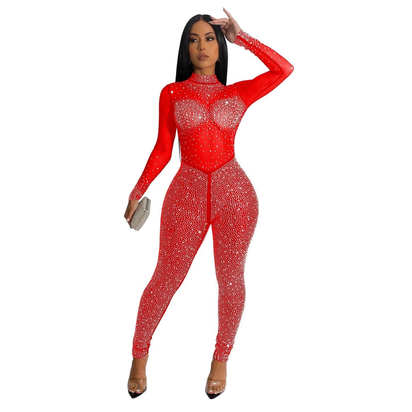 Fashion Women's Pure Color Mesh Hot Drilling Long Sleeve Jumpsuit